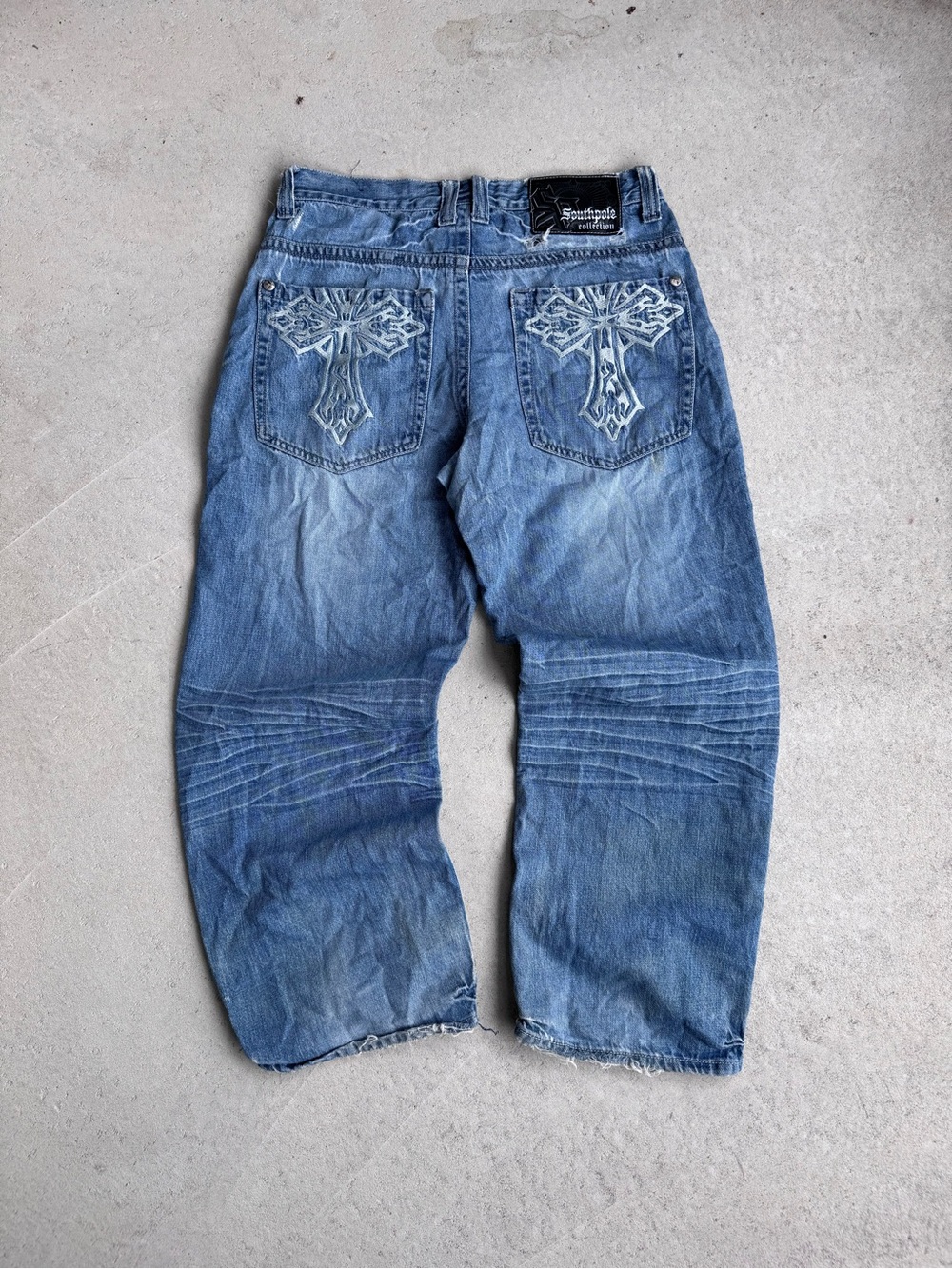Y2K South Pole Men's Blue Washed Denim Jeans with Embroidered Cross Pockets